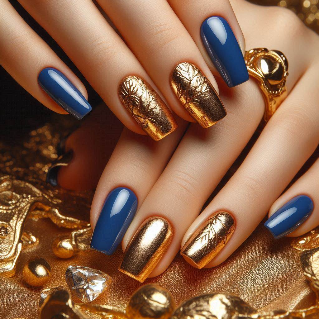 Royal Blue and Gold Glamour Nails