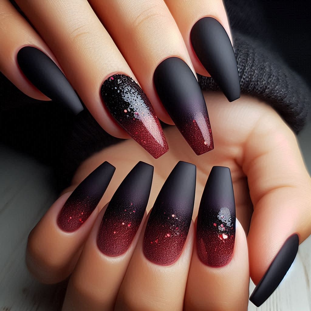  Blood Moon Effect: Matte Black with Burgundy Glitter Ombre