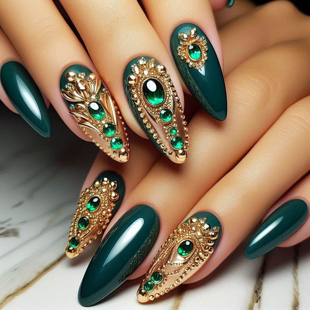  Emerald Green Nails with Rhinestones