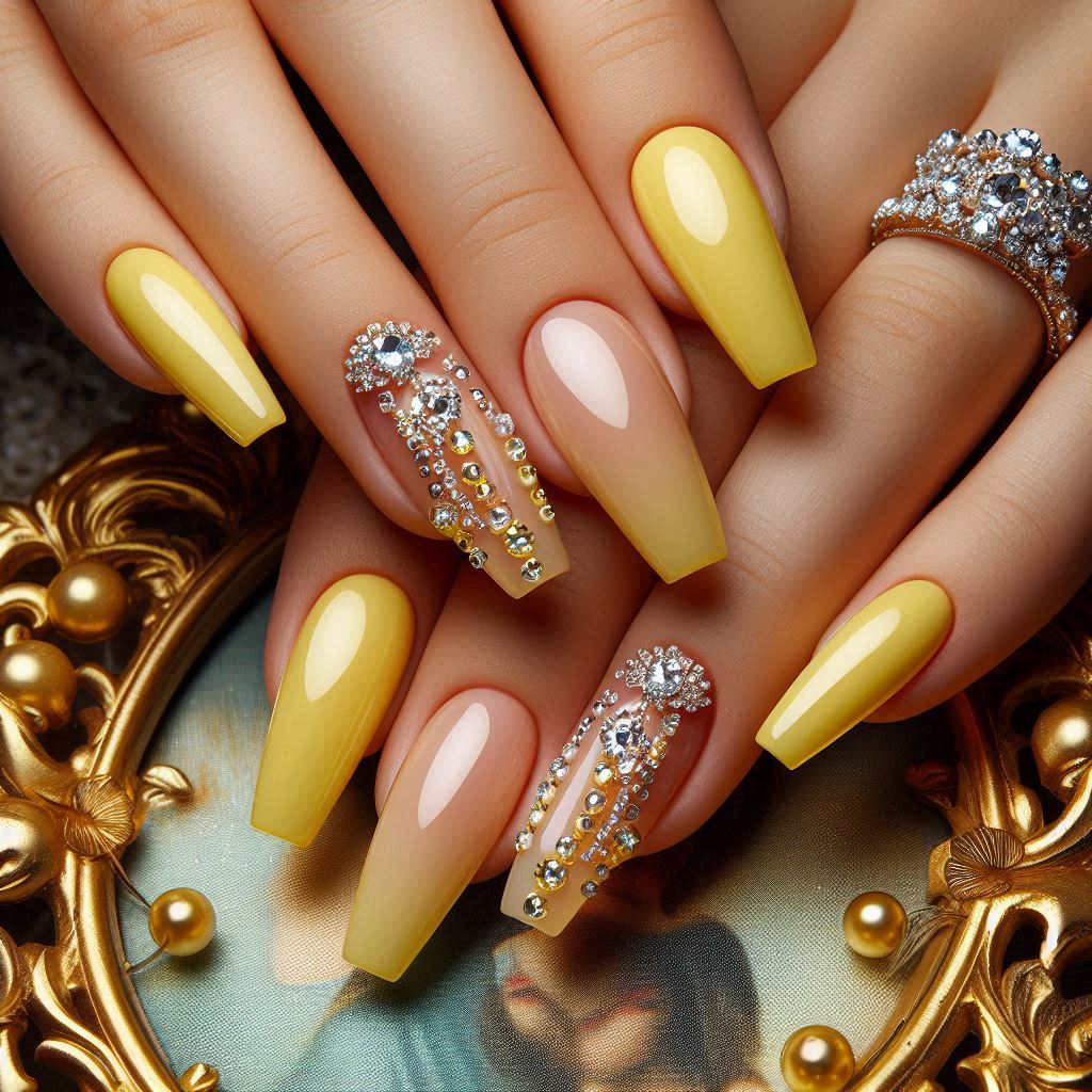 Yellow Acrylic Nails Short with Diamonds for Extra Glam