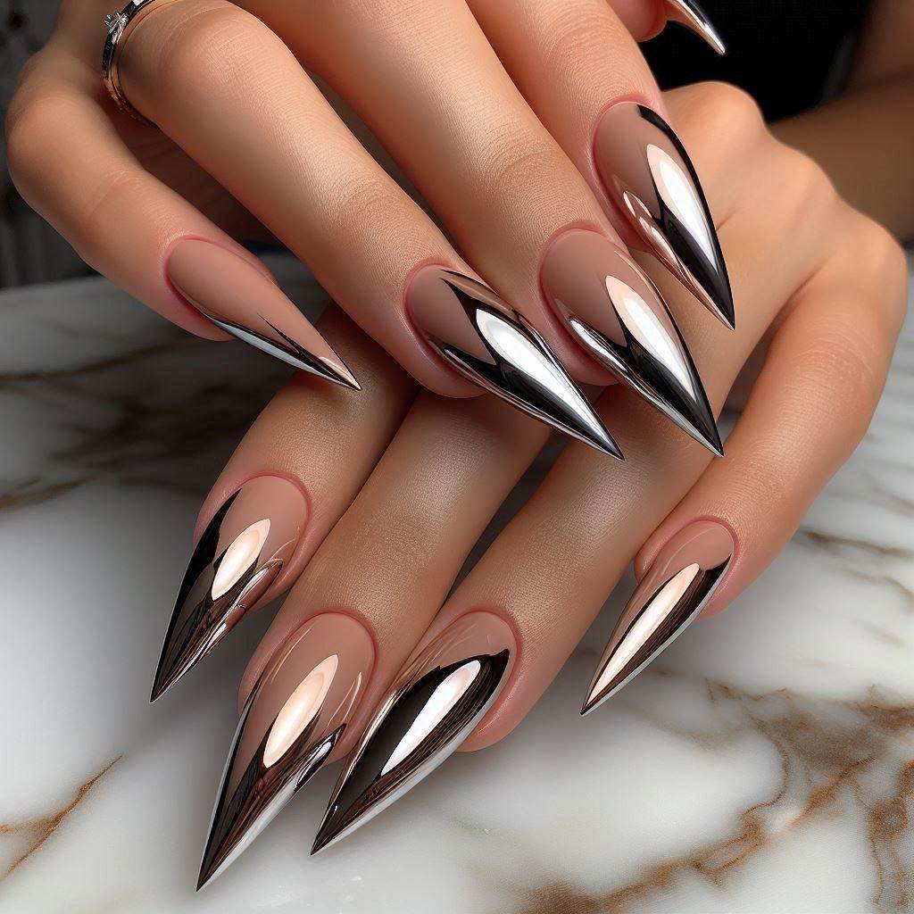 Nude Chrome Coffin Nails