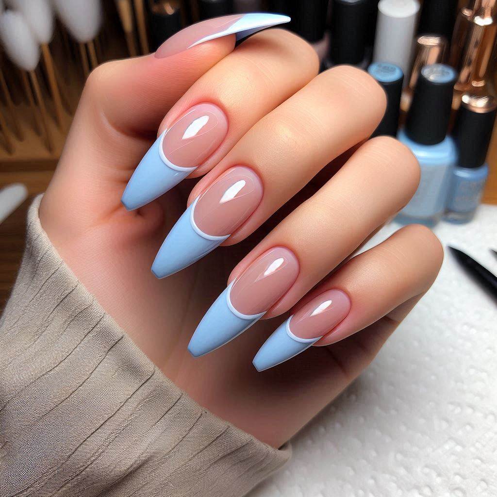 Coffin Blue Nails French Tip