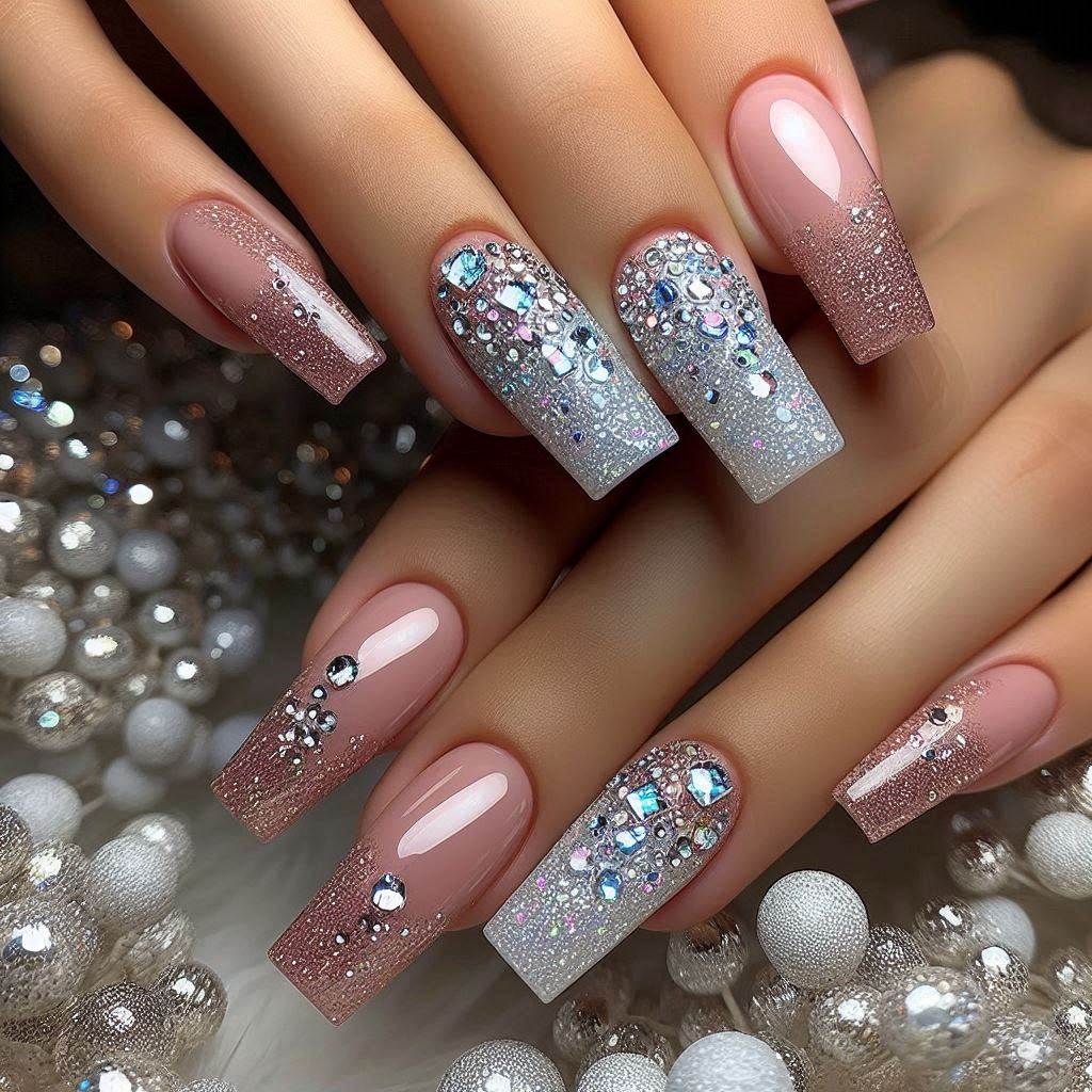 Short Square Bling Nails with a Touch of Glitter