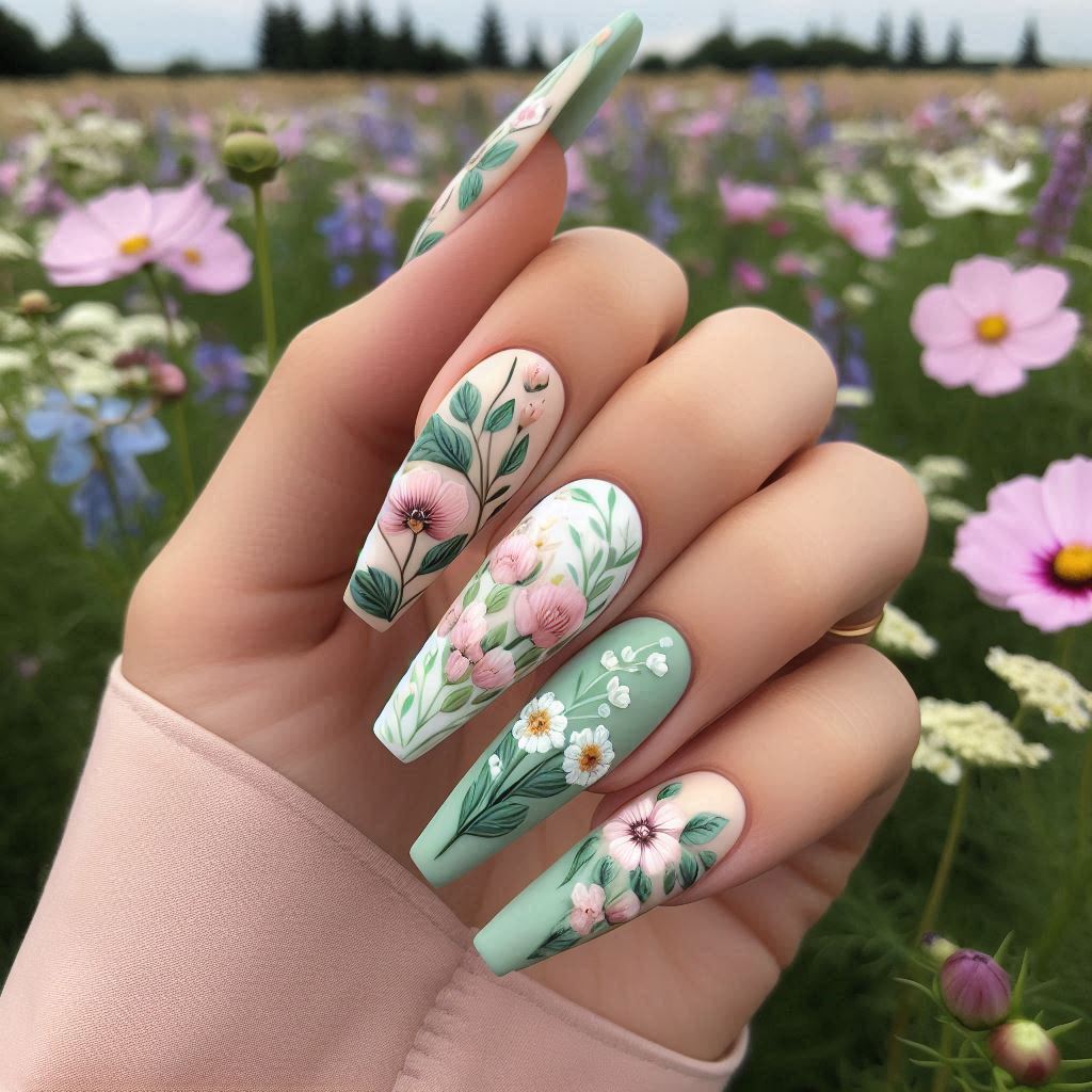 Spring Floral Short Coffin Acrylic Nails