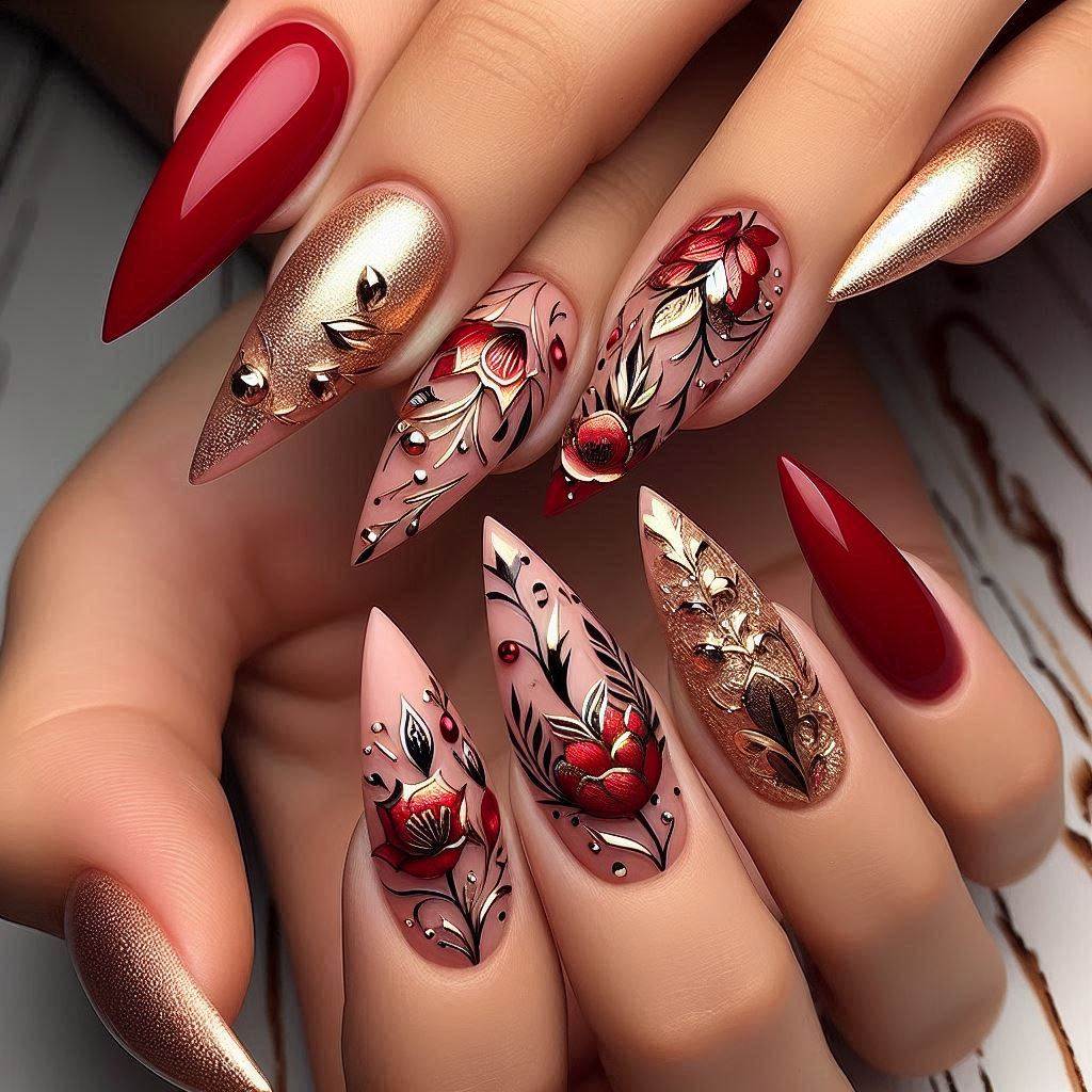 Floral Red and Gold Stiletto Nails