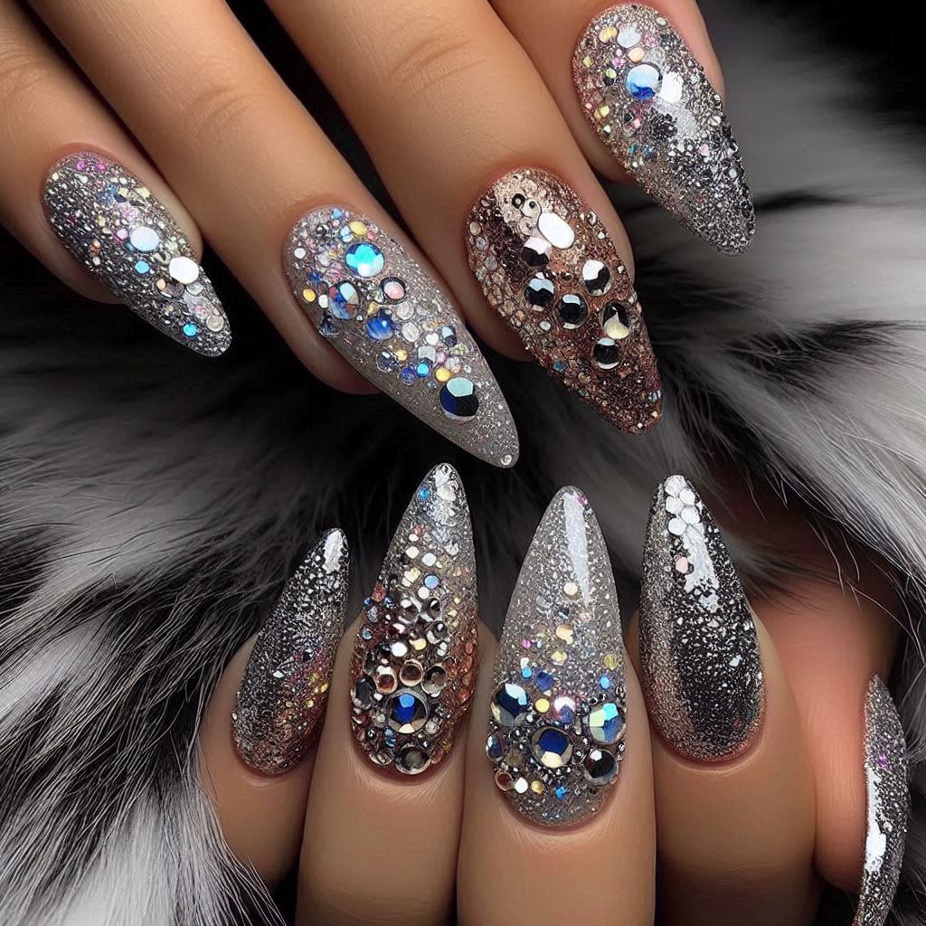 Silver Bling Nails Rhinestones