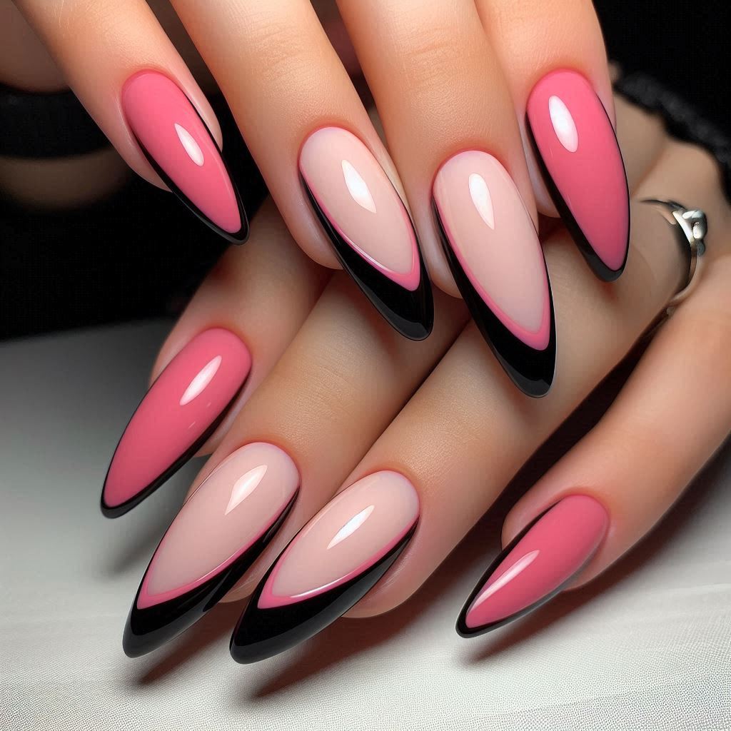 Classic Black and Pink French Tip Nails