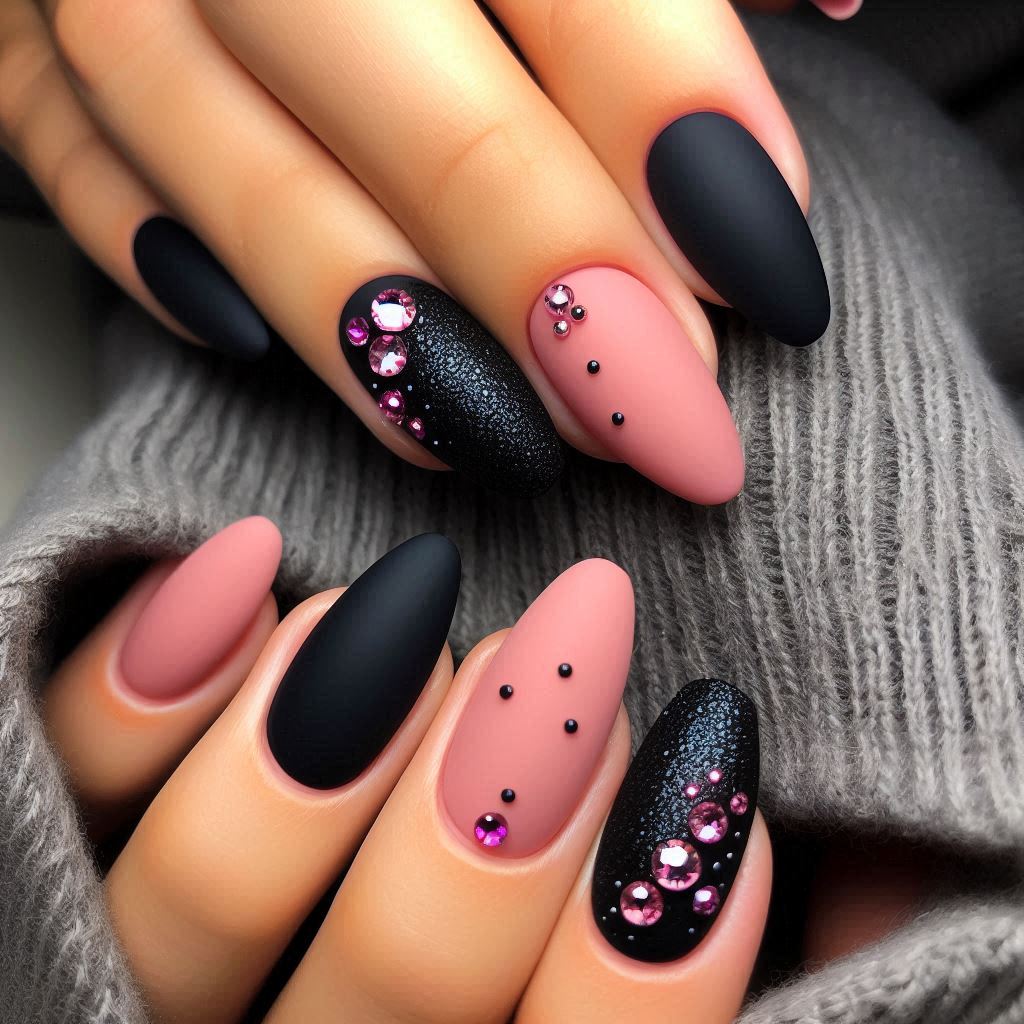  Black Matte Nails with Pink Rhinestones