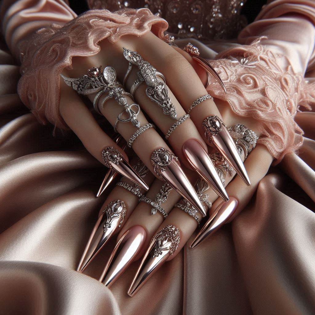  Nude Chrome Long Coffin Nails