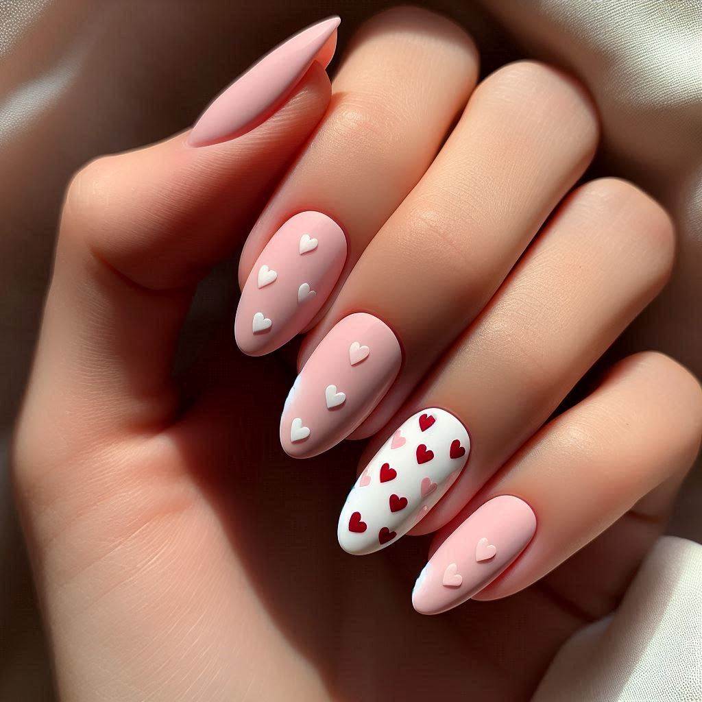 Milky Pink Almond Nails with Heart Designs