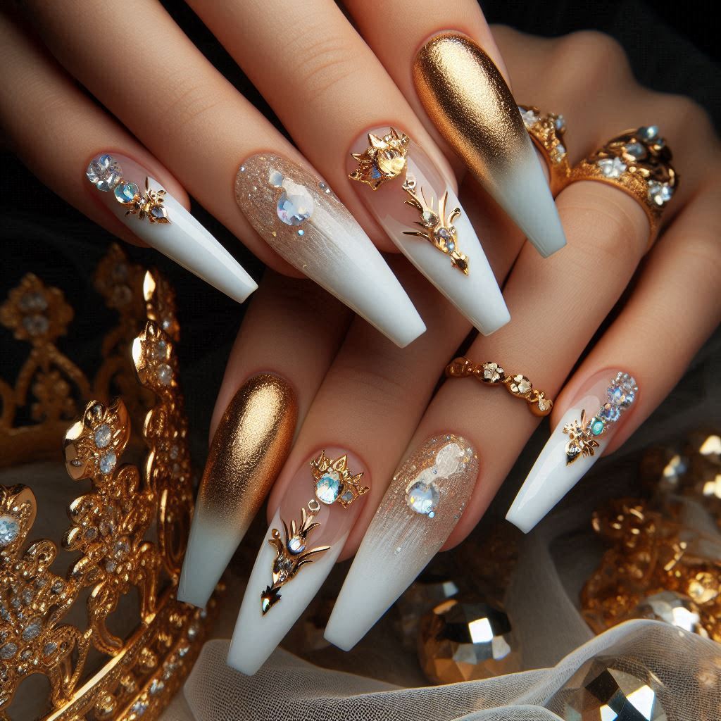 White and Gold Acrylic Birthday Nails with Rhinestones