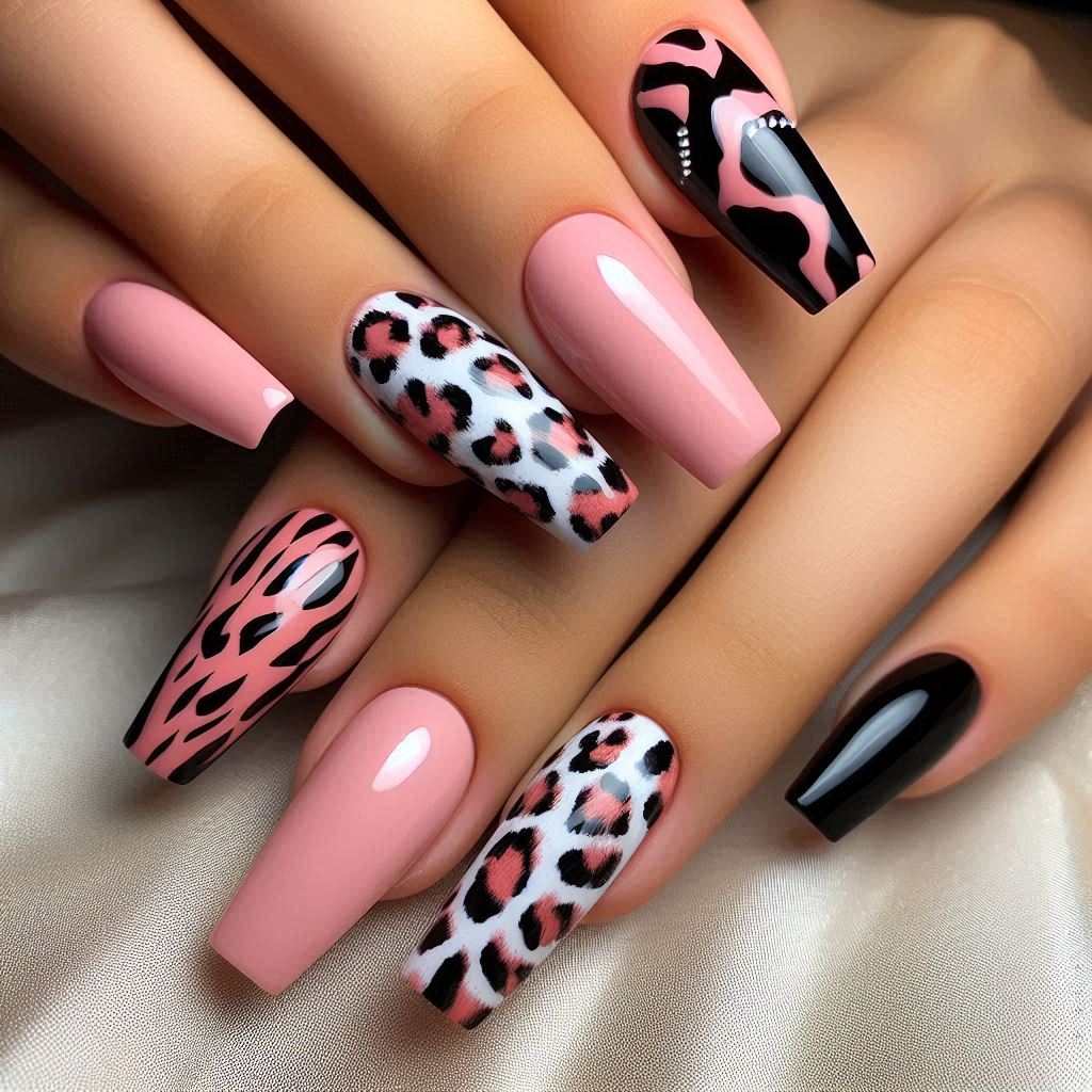 Black and Pink Animal Print Nails