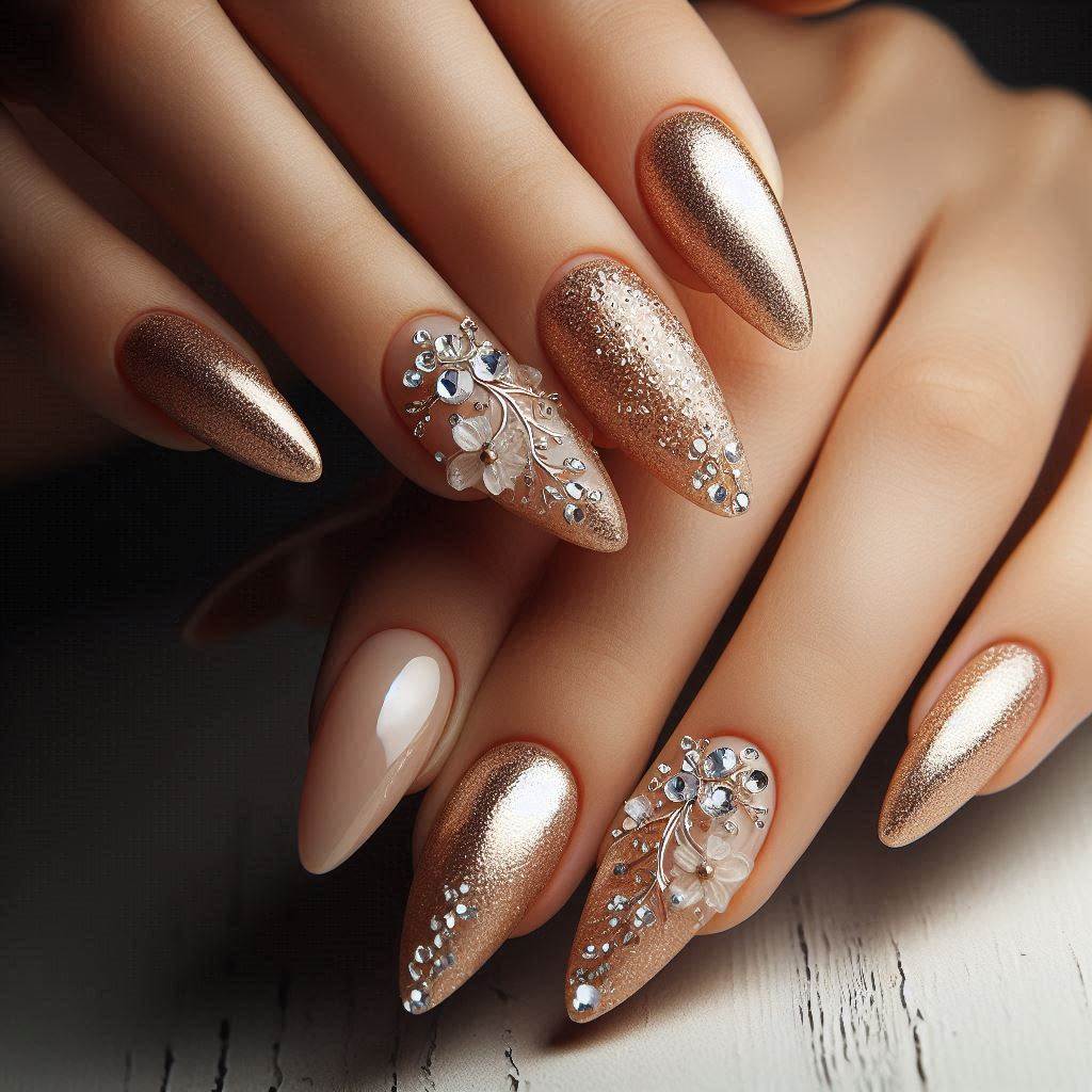 Champagne Gold Nails with Rhinestones