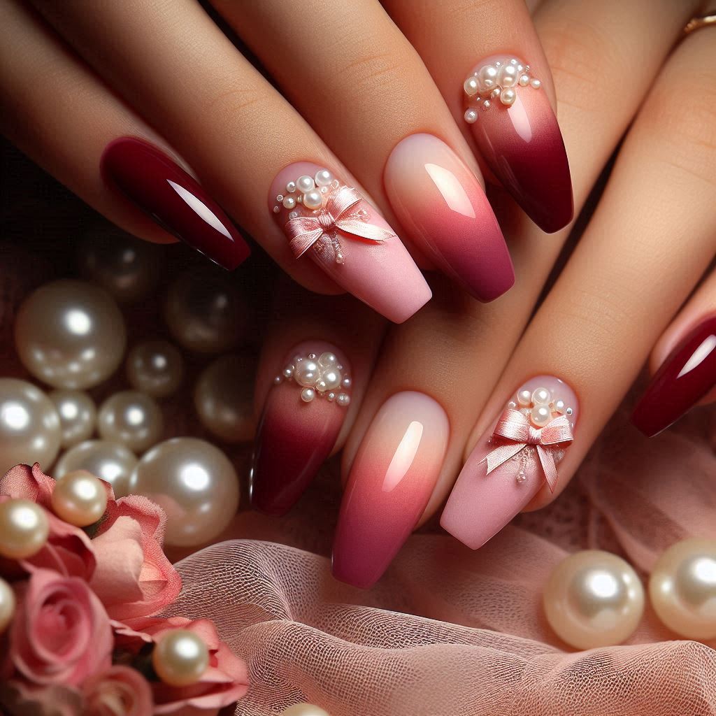 Ombre Red Nails with Bow and Pearl Accents