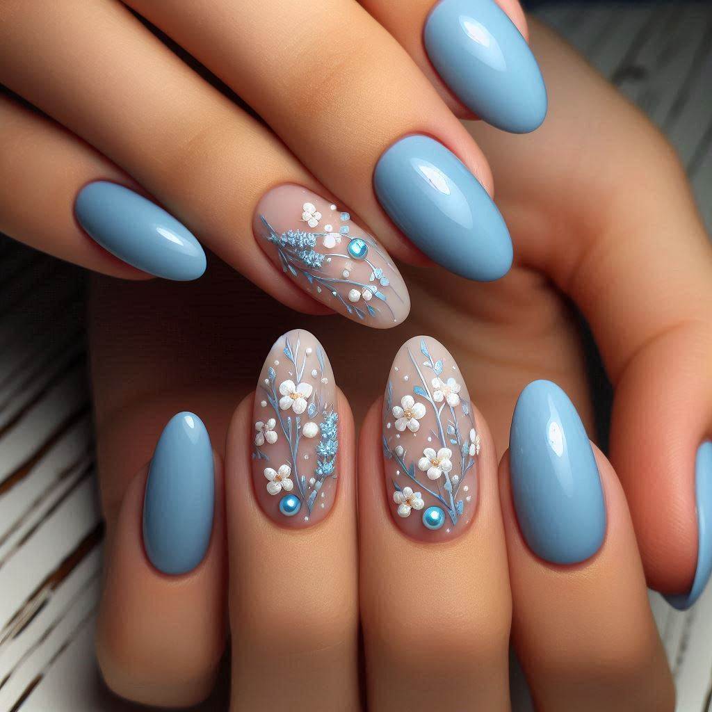 Baby Blue & White Floral Nails – Feminine & Fresh