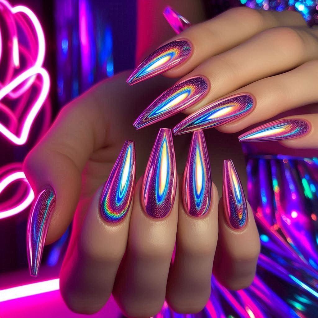 Holographic Birthday Nails Coffin for a Futuristic Shine