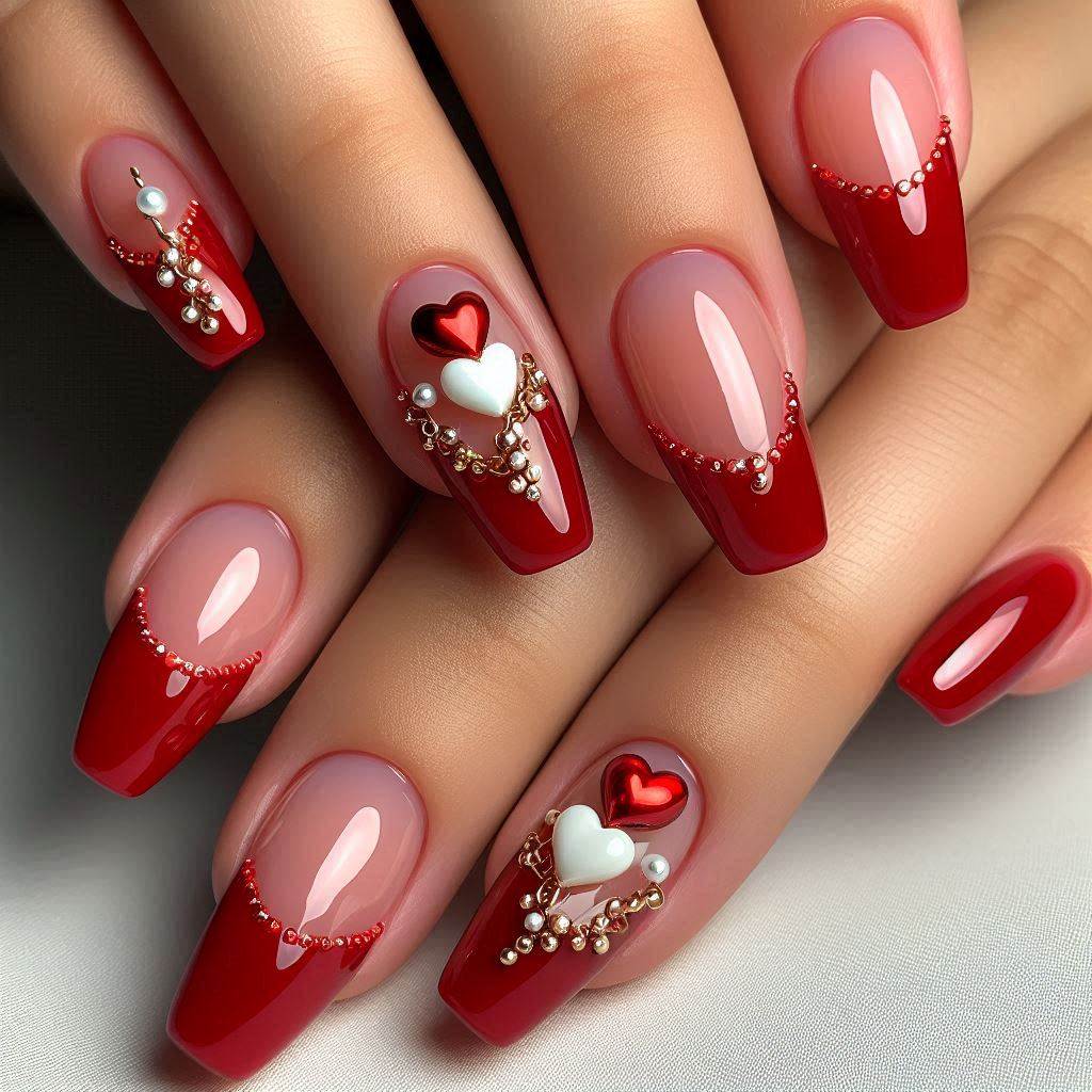 Short Red French Tip Nails with Charms