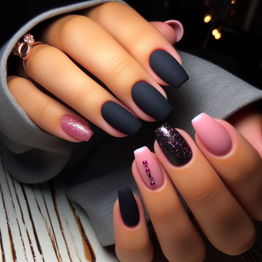 Matte Black with Pink Glitter Accent Nails