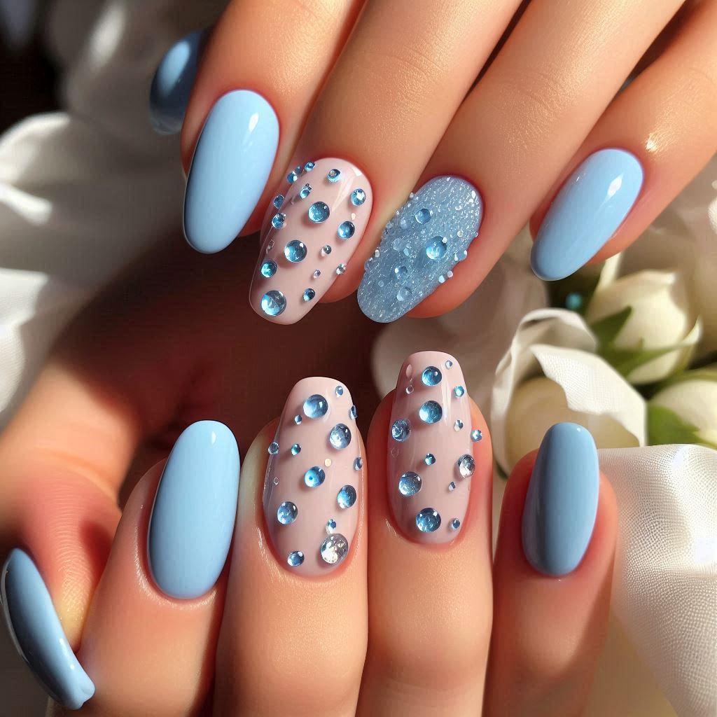 Baby Blue Short Acrylic Nails with Bling