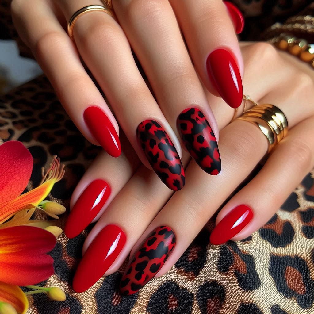 Classic Red Nails with Black Leopard Print