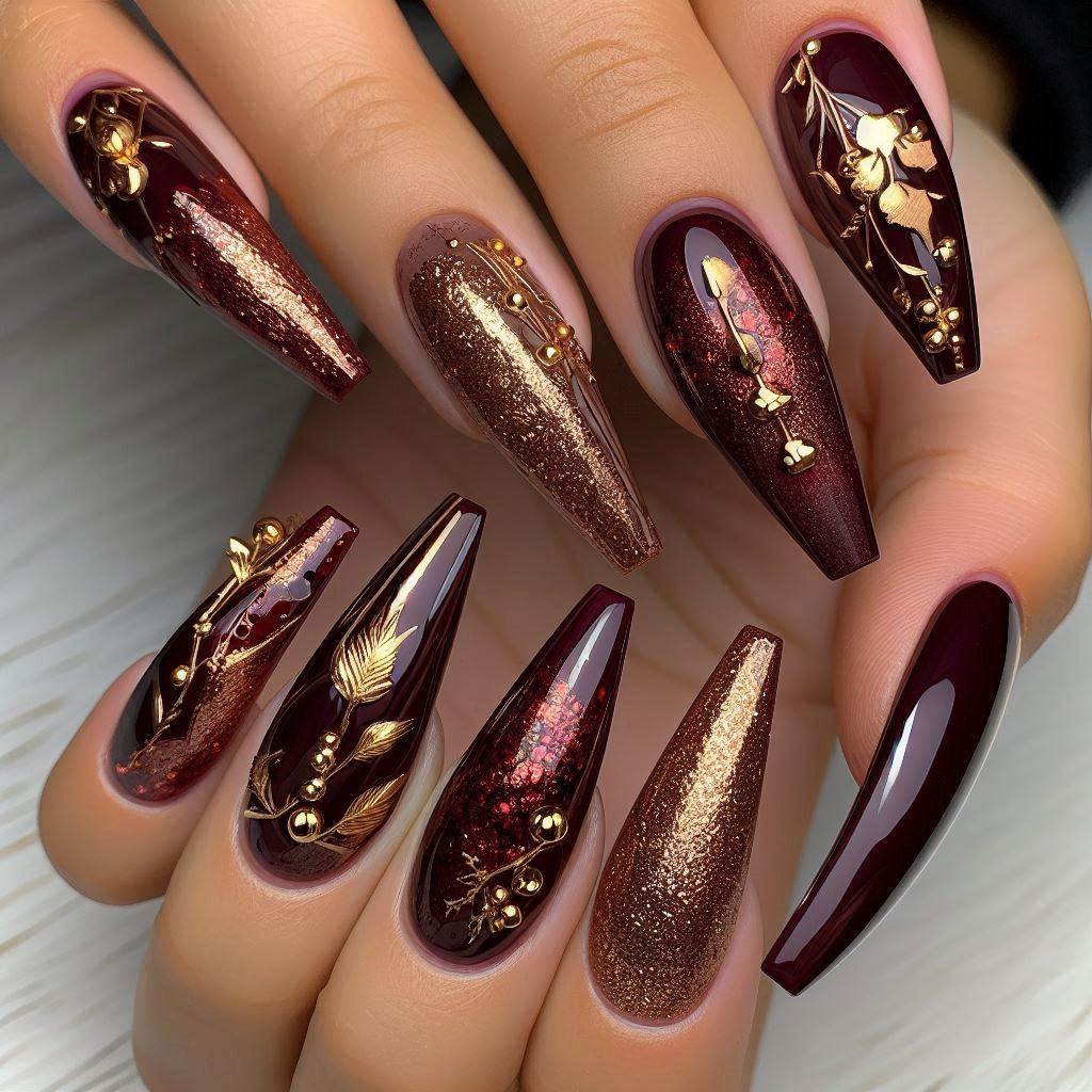 Girly Acrylic Nails Burgundy and Gold