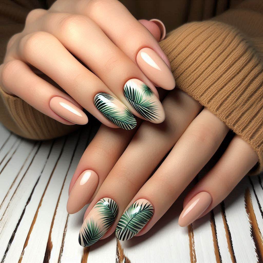 Tropical Palm Leaves Almond Nails