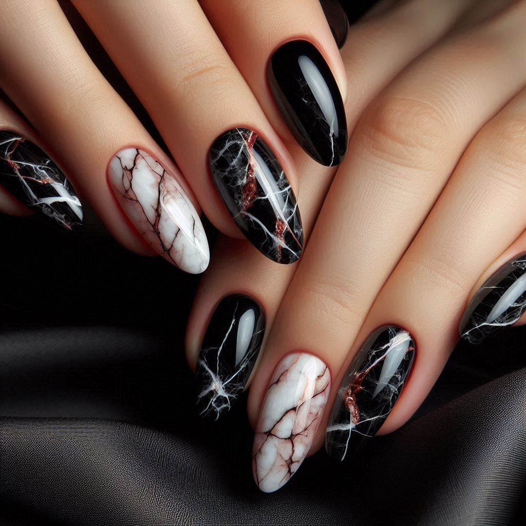 Black Marble Nails with Red Veins