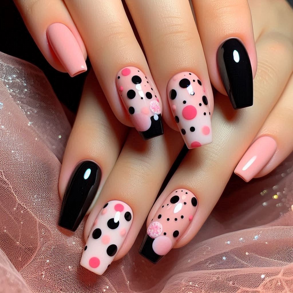 Polka Dots on Black and Pink Nails