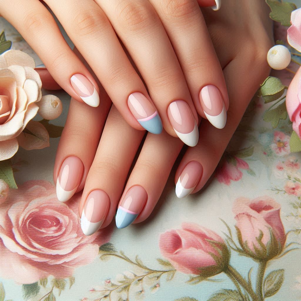 Short Almond French Tip Nails in Pastel Shades – Soft & Playful