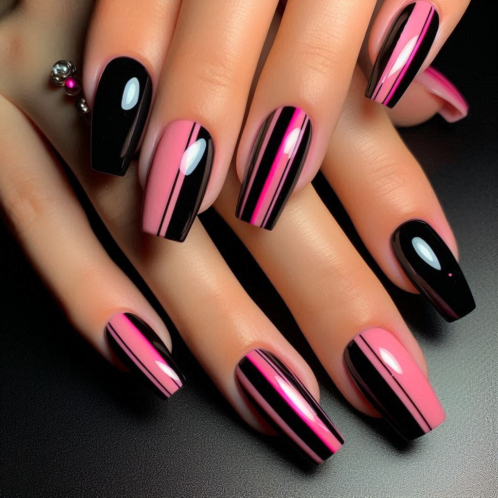 Pink Stripes on Black Nails