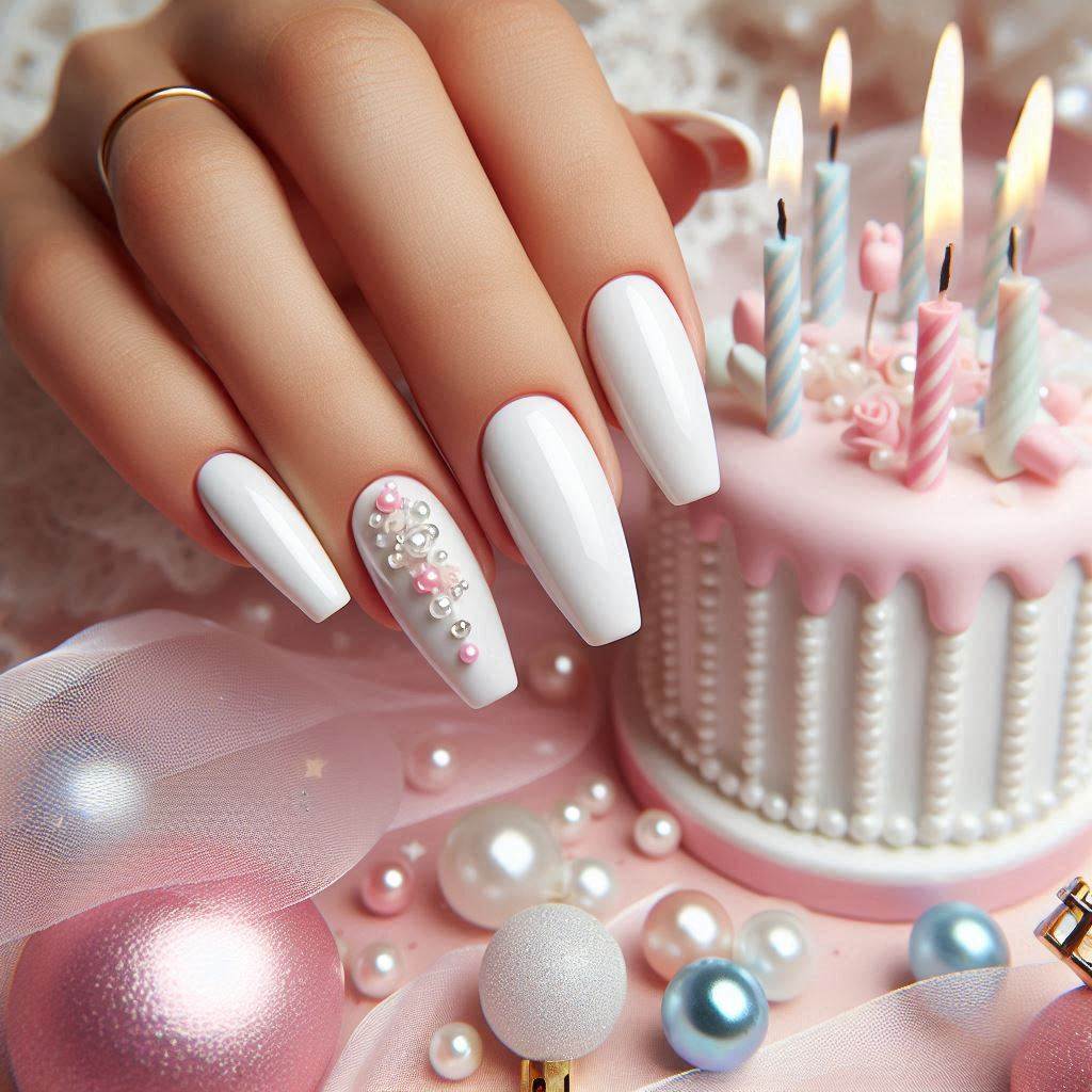 Birthday Nails White Coffin with Pearls