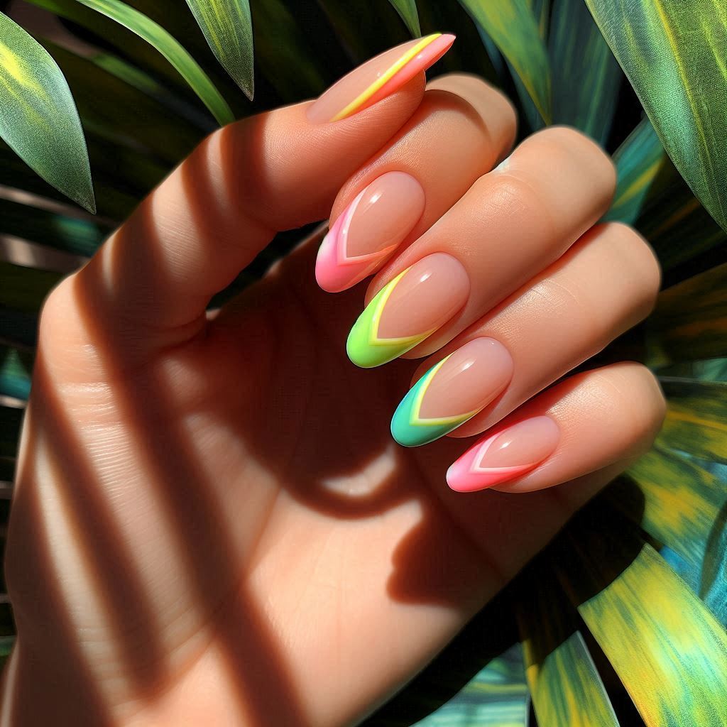 Short Almond French Tip Nails in Neon Colors – Bold & Fun