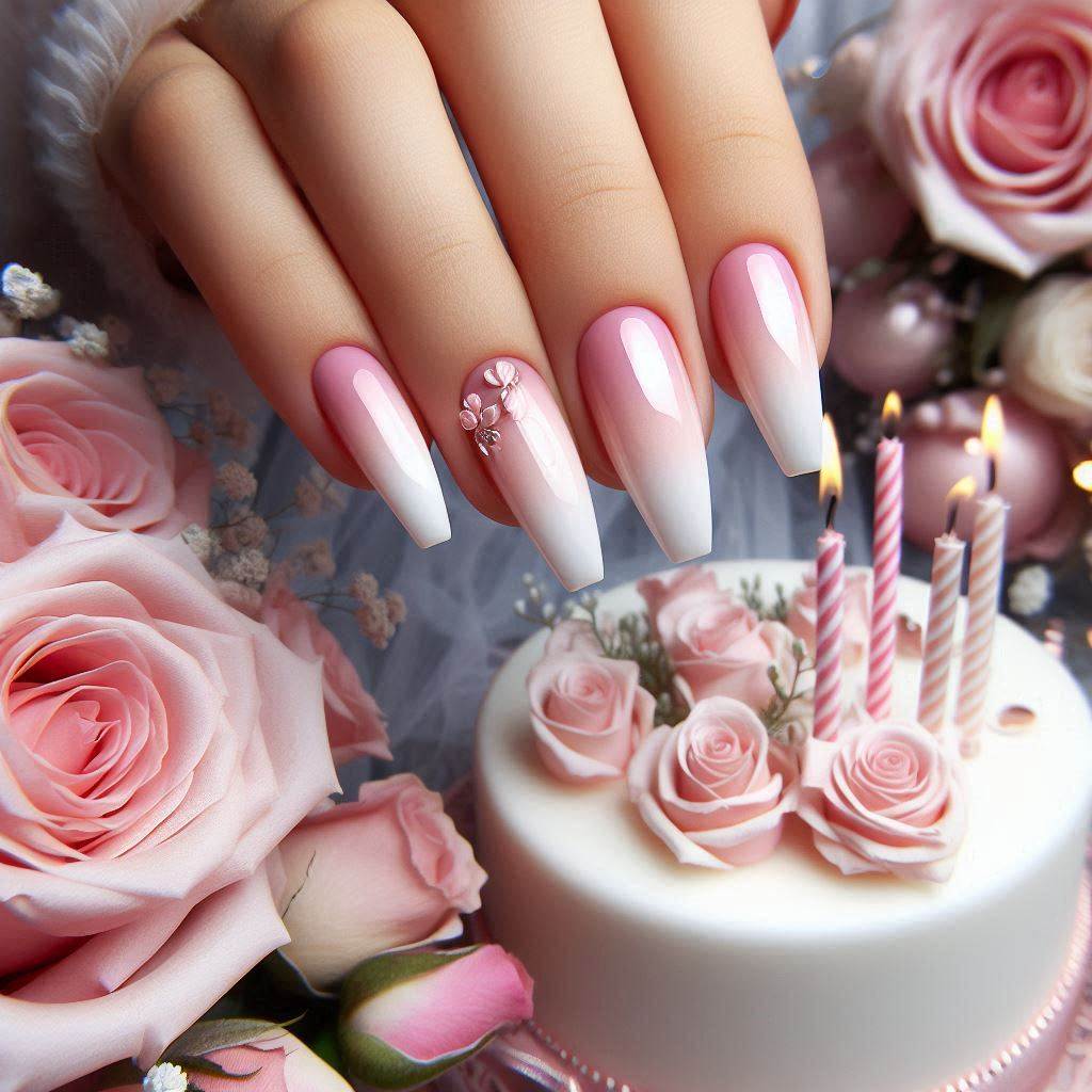 Birthday Nails Coffin Ombre in Pink and White