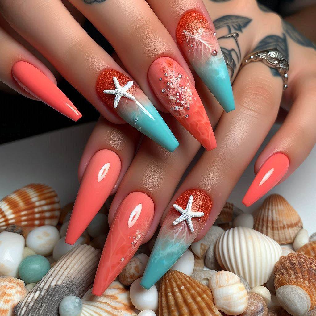 Coral Reef Love – Tropical Summer Nails Coffin