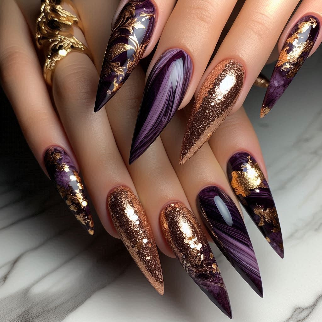 Girly Acrylic Nails Purple and Gold