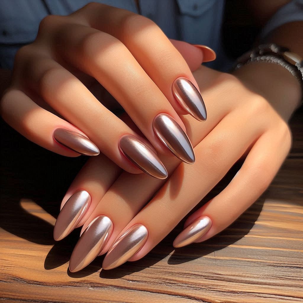 Nude Chrome Almond Coffin Nails