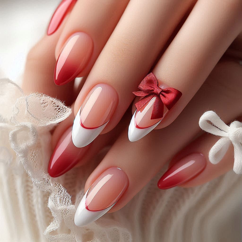 French Tip Red Nails with Tiny Bow