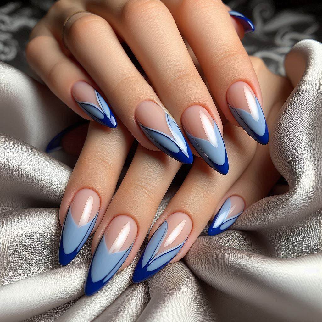 Chic Royal Blue French Tip Almond Nails