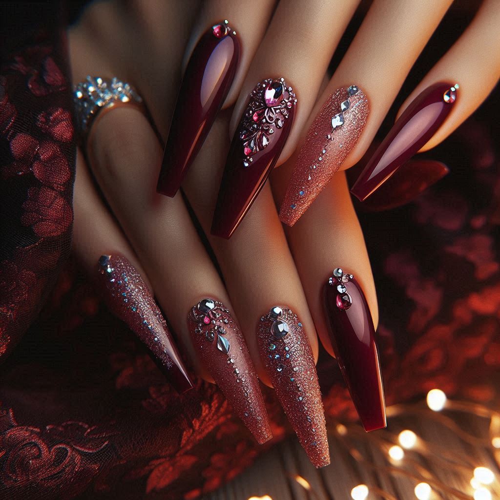 Burgundy Coffin Nails with Rhinestones