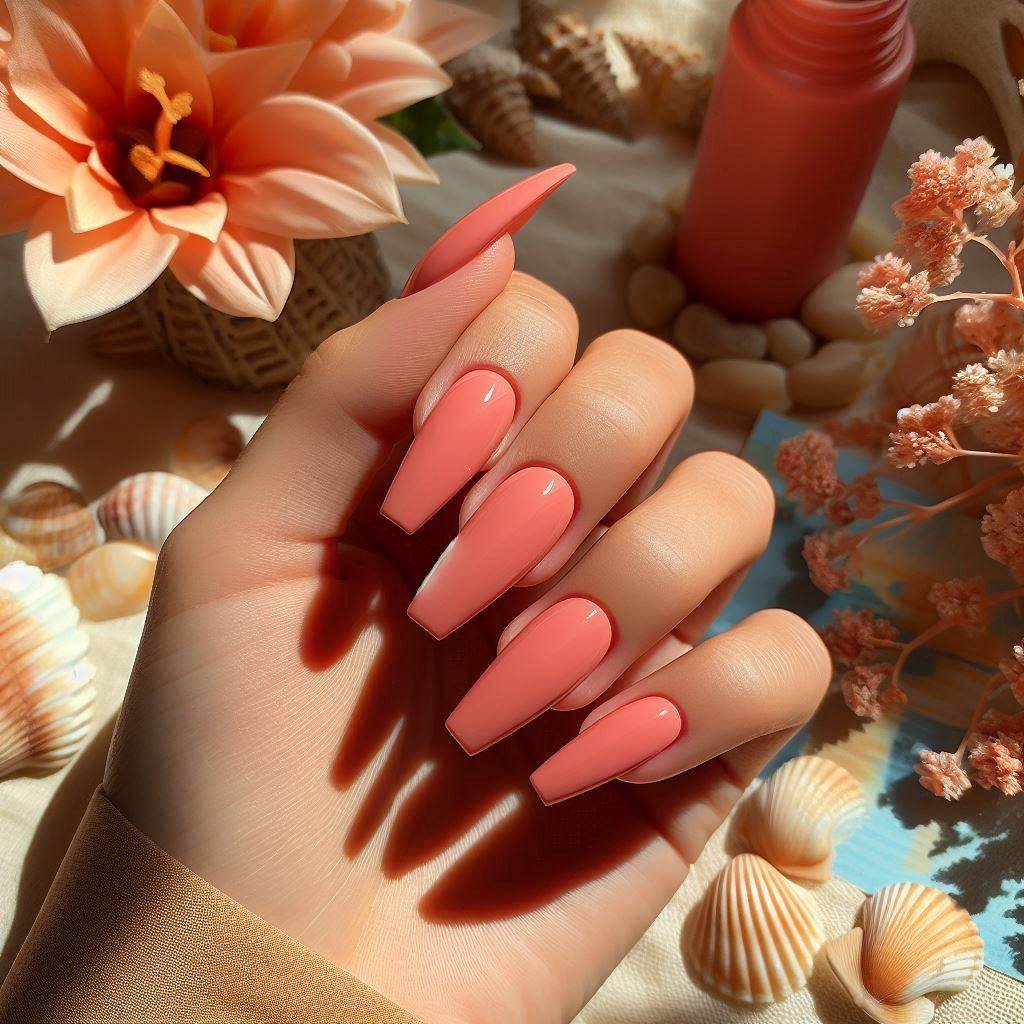 Peachy Coral Short Coffin Acrylic Nails