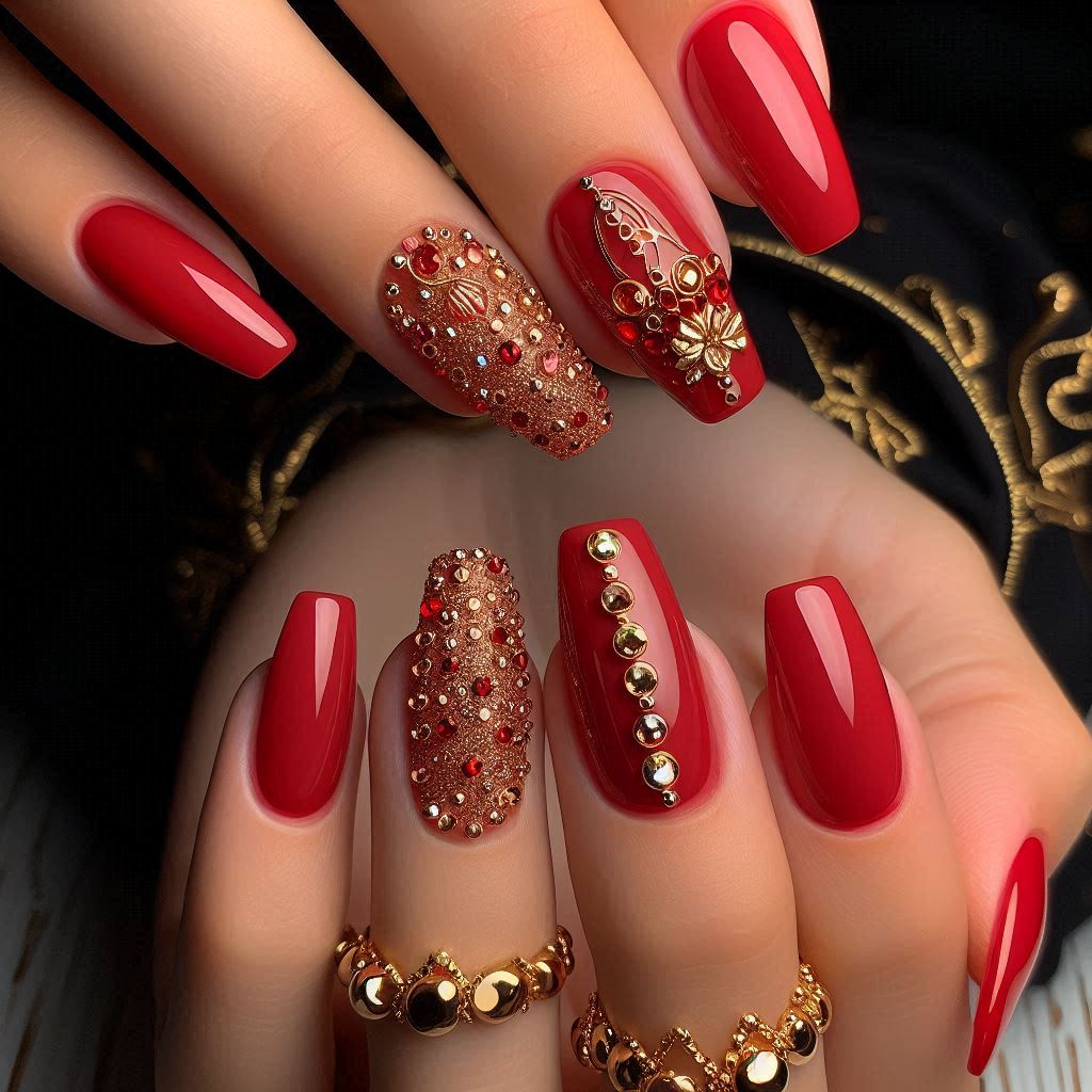 Red Short Acrylic Nails with Gold Bling