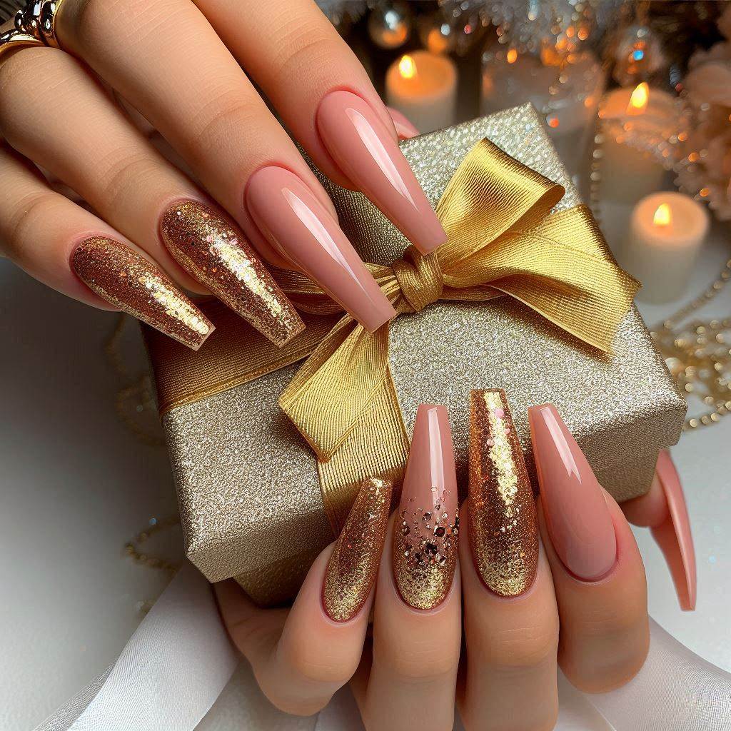 Nude and Gold Glitter Long Coffin Birthday Nails