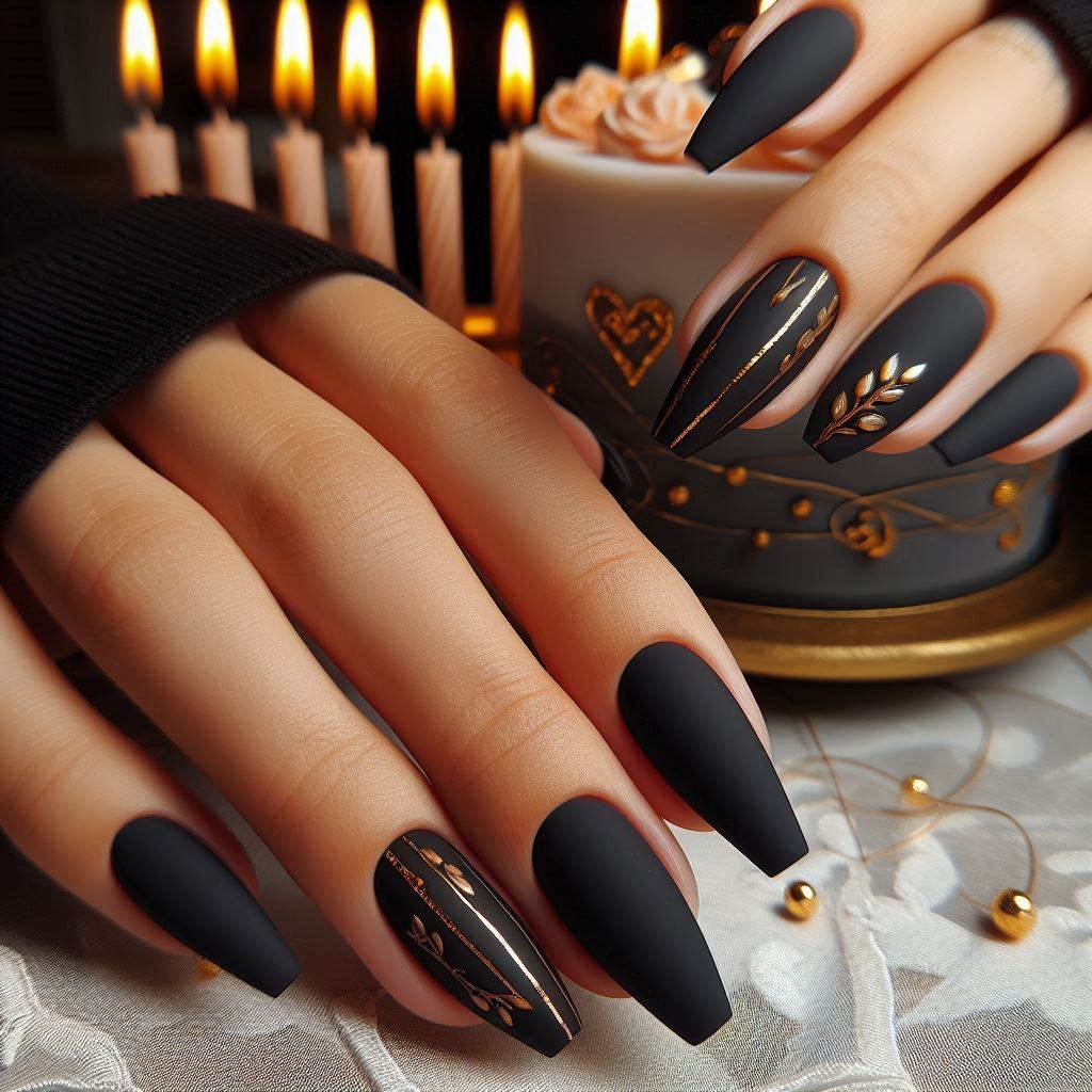 Matte Black Birthday Nails Coffin with Gold Accents