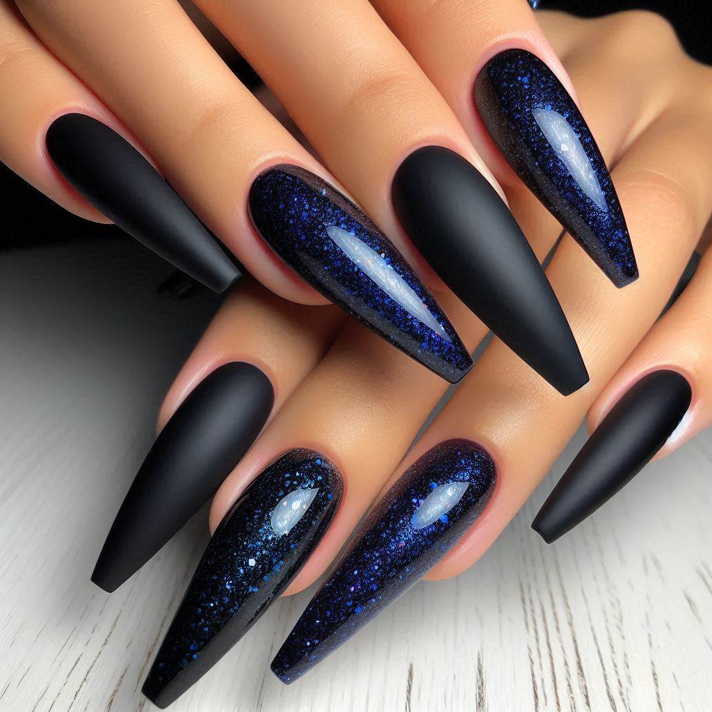 Sapphire Nights: Matte Black with Deep Blue Glitter Ombre