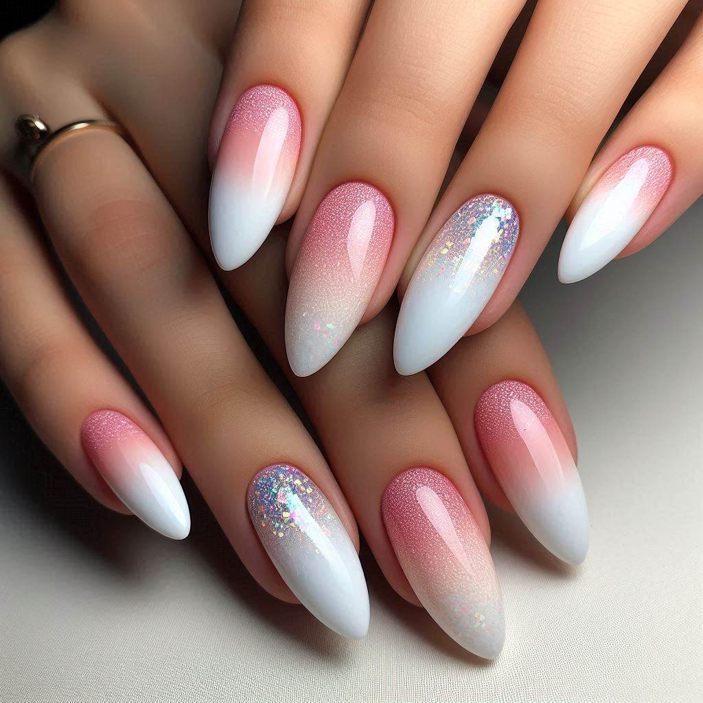 Almond Nails Pink and White Ombre Glitter for a Princess Feel