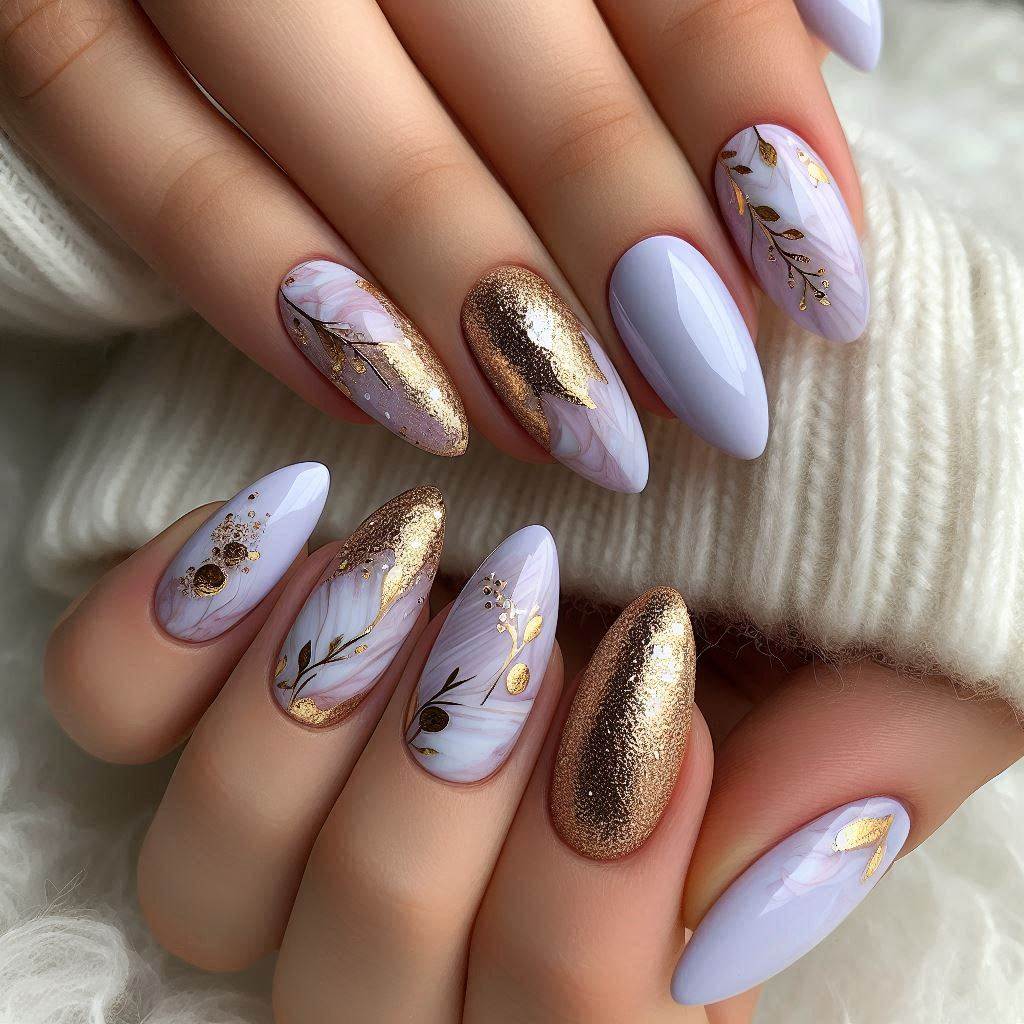 Girly Acrylic Nails Lavender and Gold 