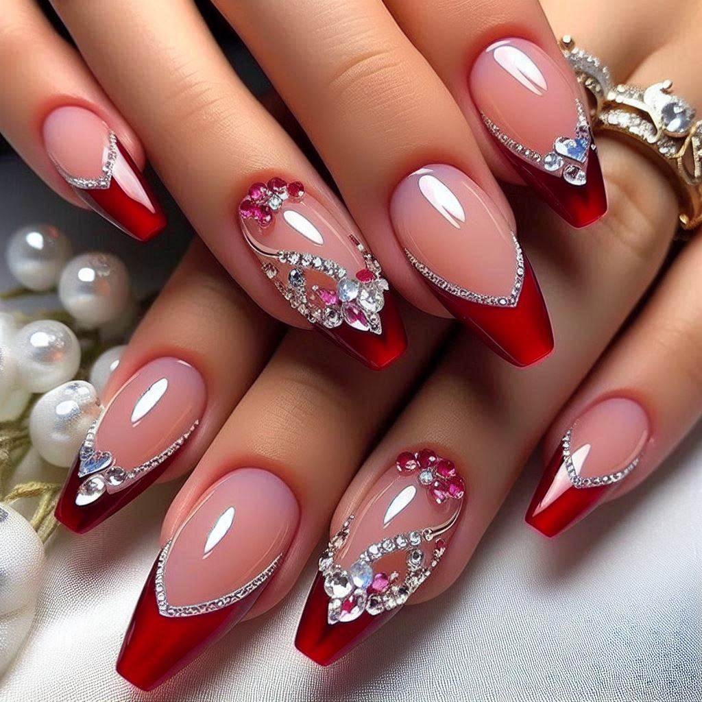 Red French Tip Nails with Rhinestones for Extra Glam