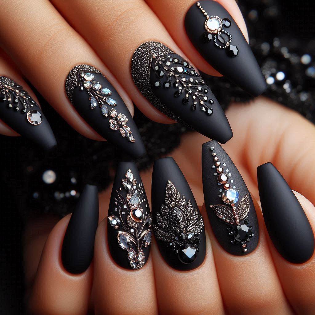 Black Nails Rhinestones Bling 