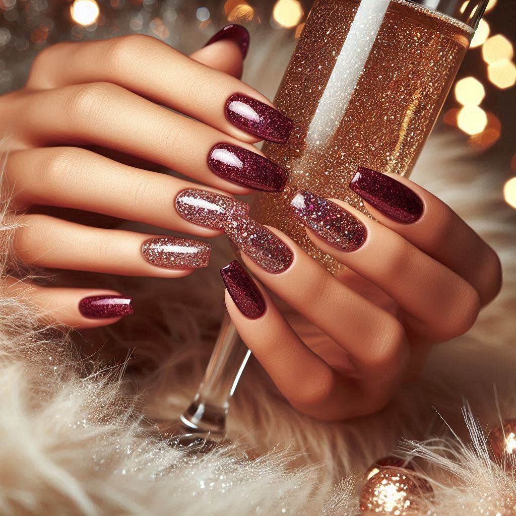 Burgundy Glitter Nails