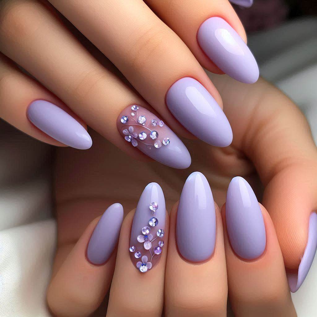  Lavender Short Acrylic Nails with Rhinestone Accents